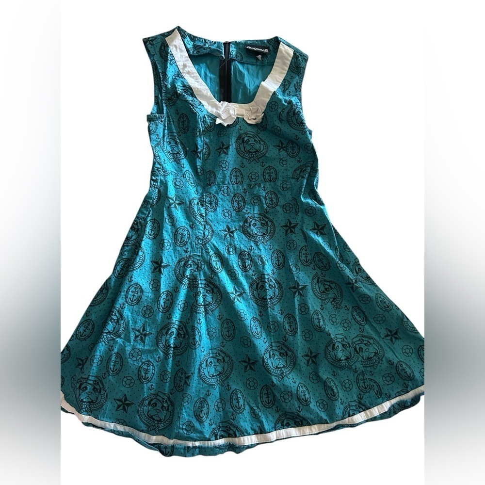 Teal Sleeveless Dress with White Trim - Picture 2 of 5